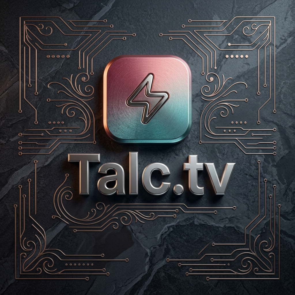 Talc.tv logo: metallic wordmark with a lightning-bolt icon framed by copper circuit-board patterns