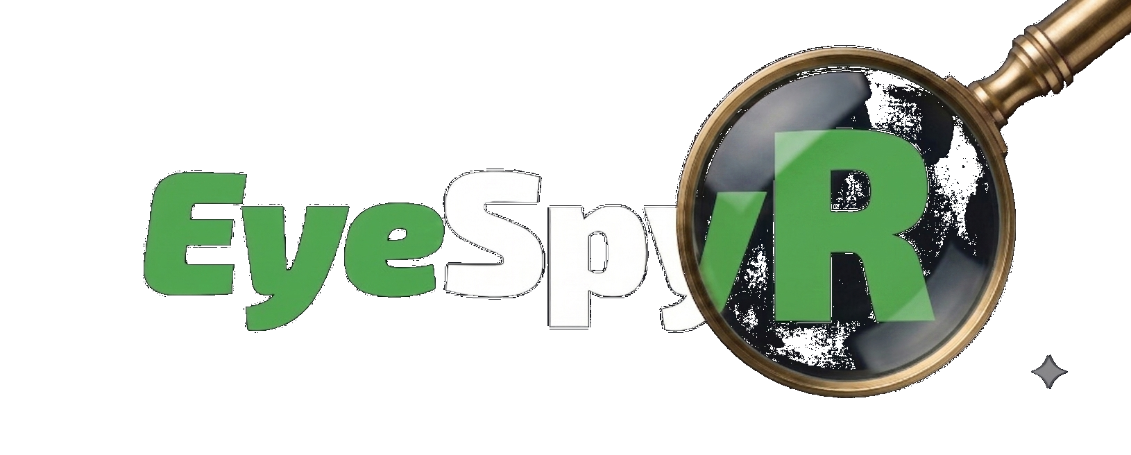EyeSpyR logo: Eye and R in green, Spy in white, magnifying glass over the R