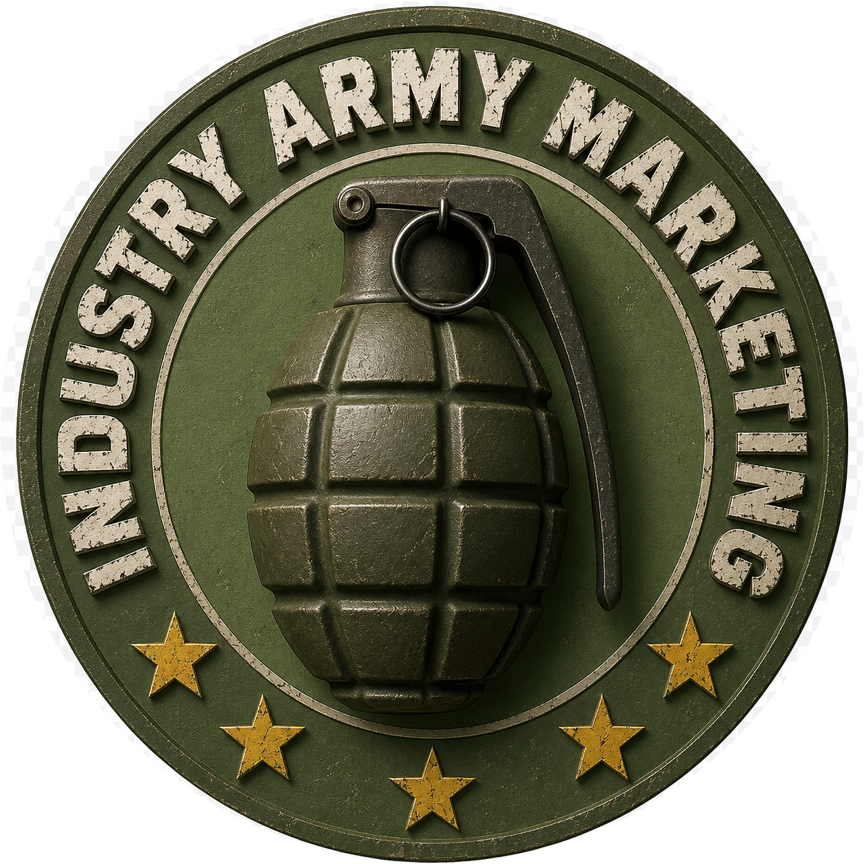 Industry Army Marketing seal: olive-green medallion with a grenade, gold stars and the words Industry Army Marketing