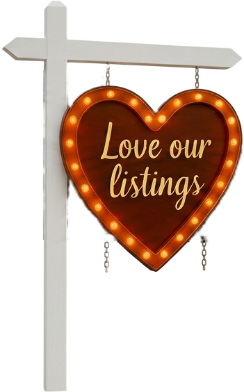 LoveOurListings.com lawn-sign logo: white post with a heart-shaped marquee sign in glowing bulbs and gold script