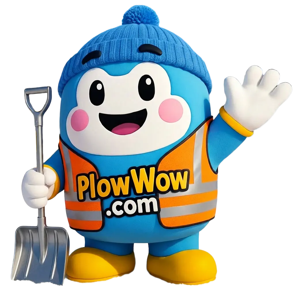 PlowWow mascot: a round blue character in a beanie and orange PlowWow.com safety vest holding a silver snow shovel
