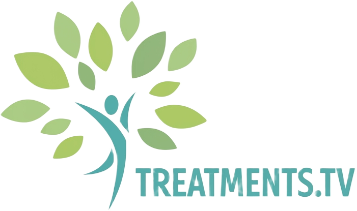 Treatments.tv logo: a stylized human figure with outstretched arms surrounded by green leaves and the wordmark in teal
