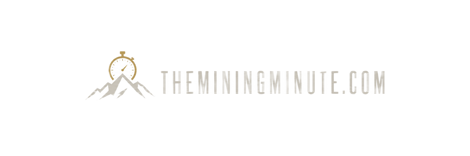 TheMiningMinute.com logo: gold stopwatch over a mountain peak beside the wordmark