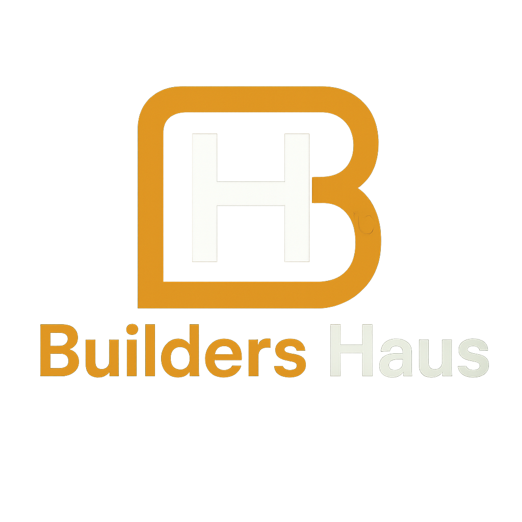 Builders Haus logo: an orange “B” containing a white “H” above the wordmark Builders Haus, over blueprints, framing lumber and concrete