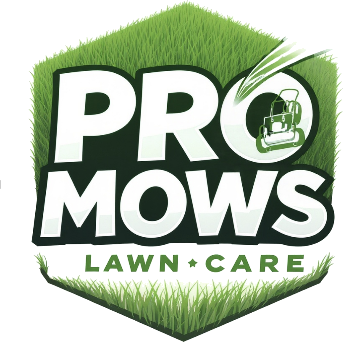 Pro Mows logo: green hexagon of grass blades with a lawn mower icon and the ProMows wordmark